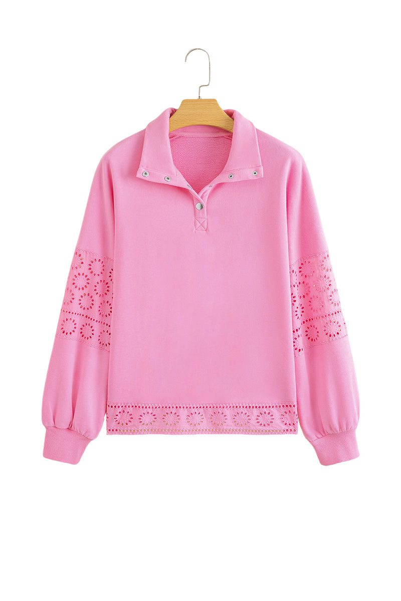 Embroidered Flower Patchwork Snap Buttons Pullover Sweatshirt