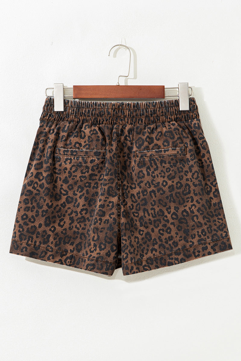Leopard Print Elastic Waist Drawstring Denim Skort