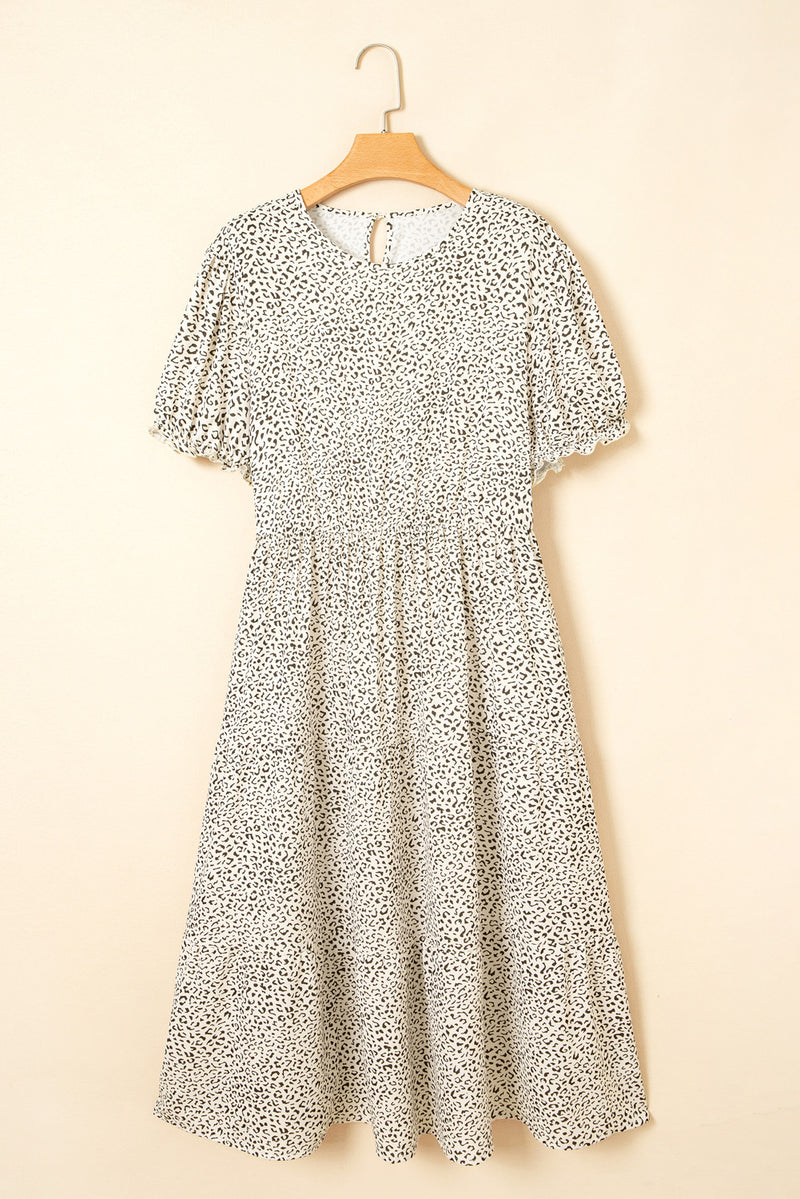 Plus Size Leopard Print Frill Trim Short Sleeve Flared Dress