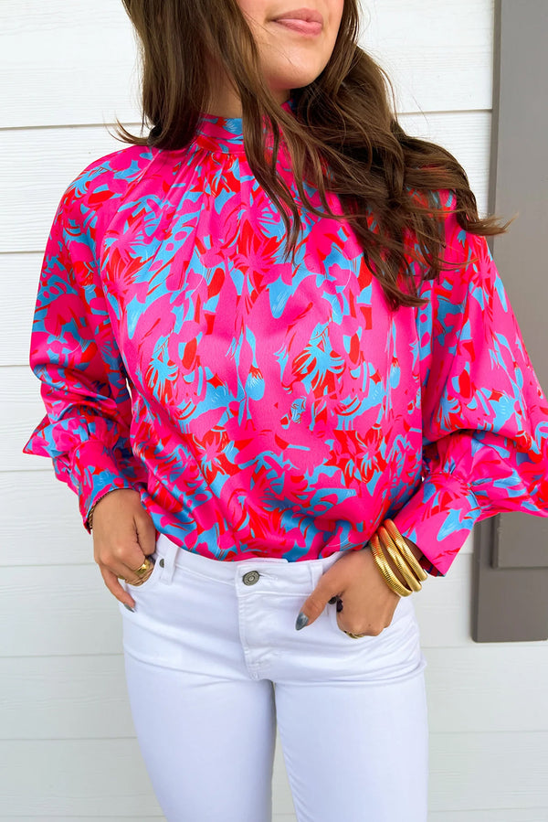 Printed Bubble Sleeve Mock Neck Blouse