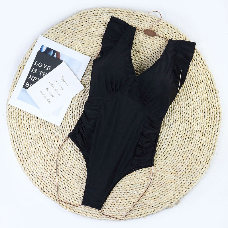 V Neck Ruffle Sleeve Bathing Suit Ruched Tummy Control One Piece Swimsuits