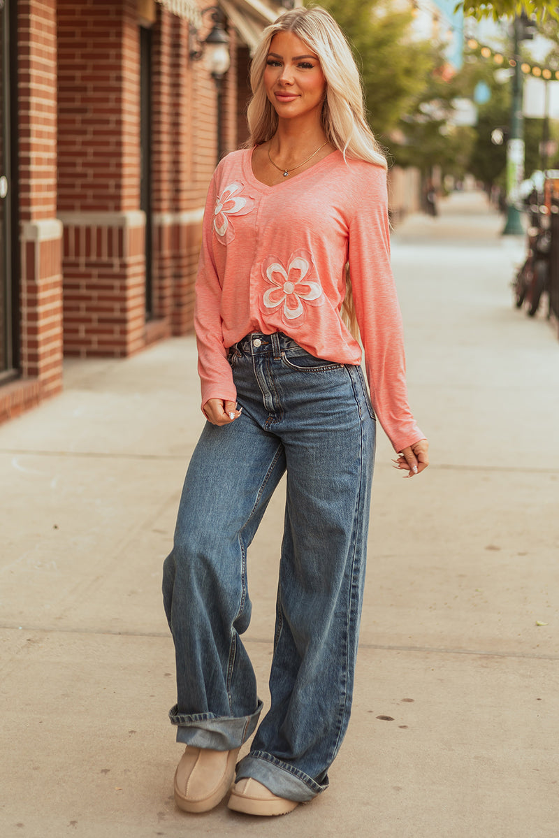 Floral Patchwork V Neck Long Sleeve T Shirt