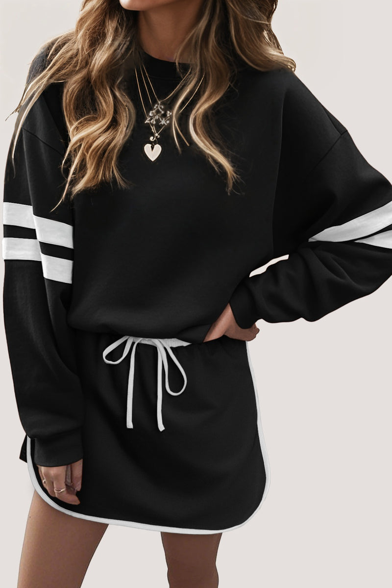 Varsity Stripe Detail Drop Shoulder Pullover Mini Skirt Set