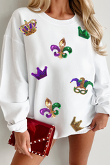 Sequin Mardi Gras Symbol Crown Mask Patched Corded Sweatshirt