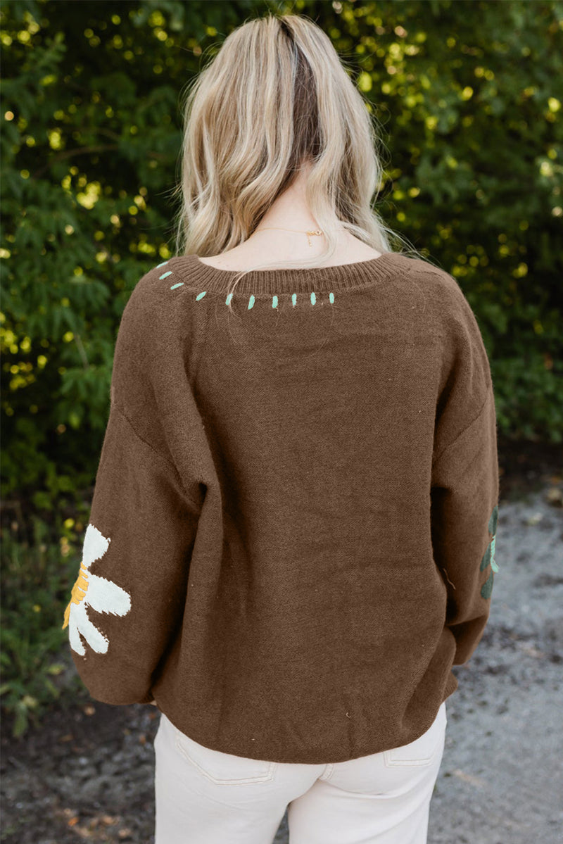 Solid Big Flower Pattern V Neck Drop Shoulder Sweater