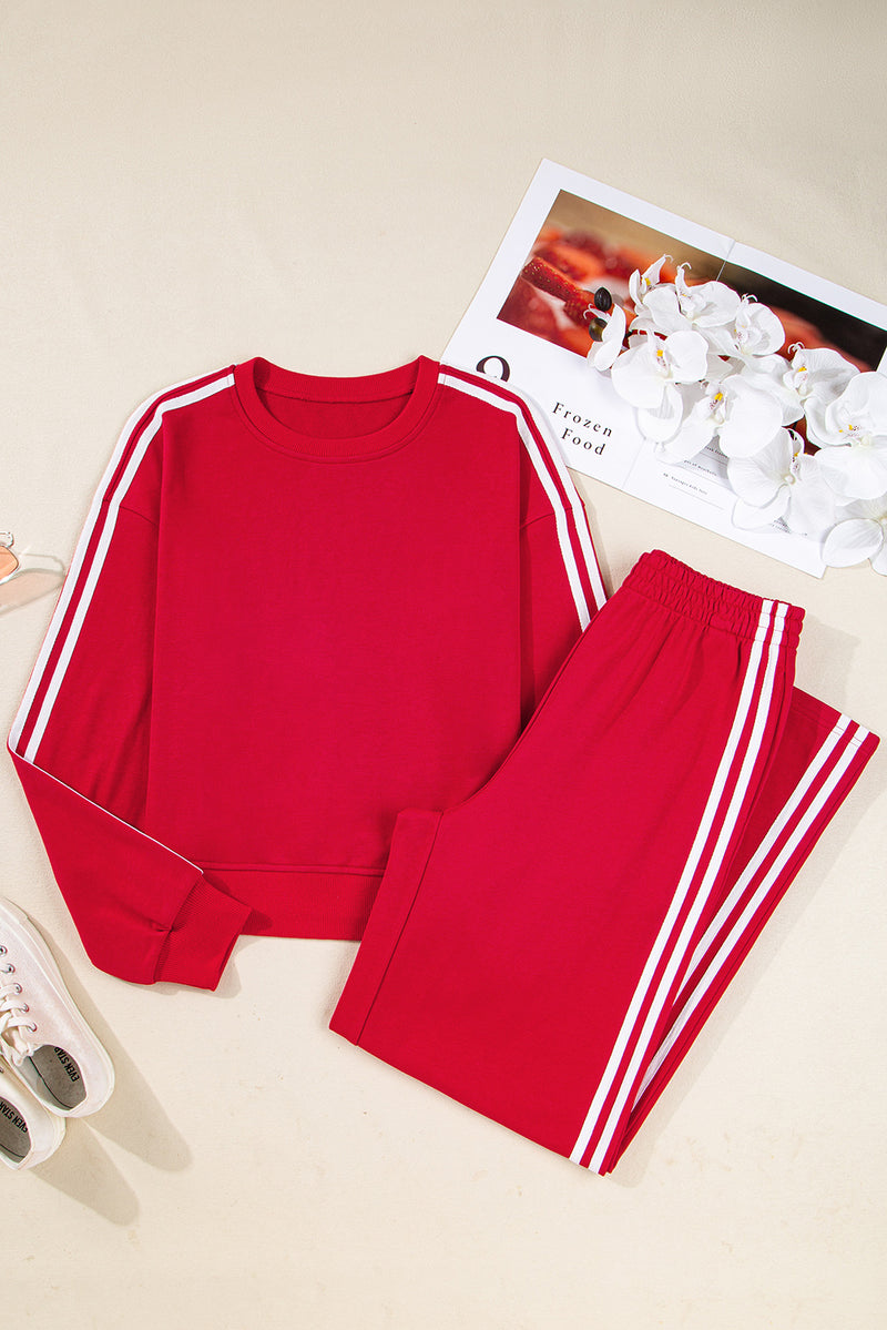 Red Varsity Striped Detail Crewneck Pullover Elastic Sweatpants 2pcs Outfit