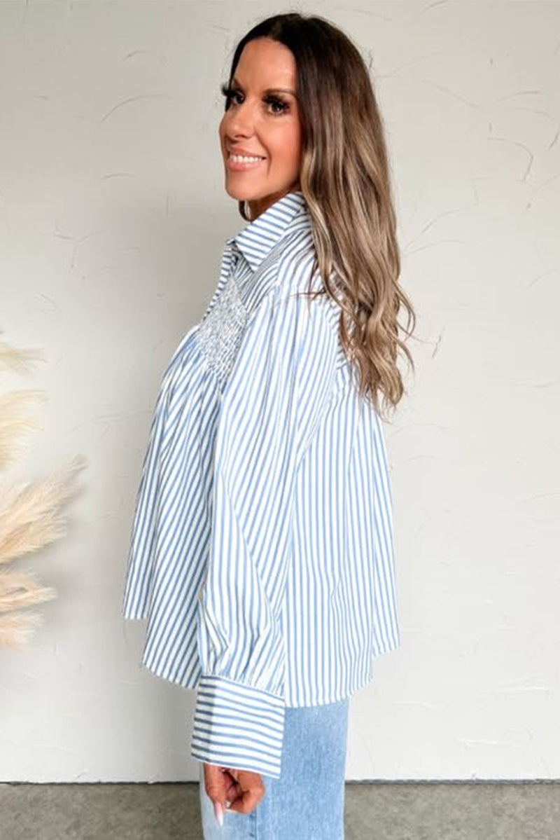 Stripe Shirred Detail Half Placket Collared Long Sleeve Fall Shirt