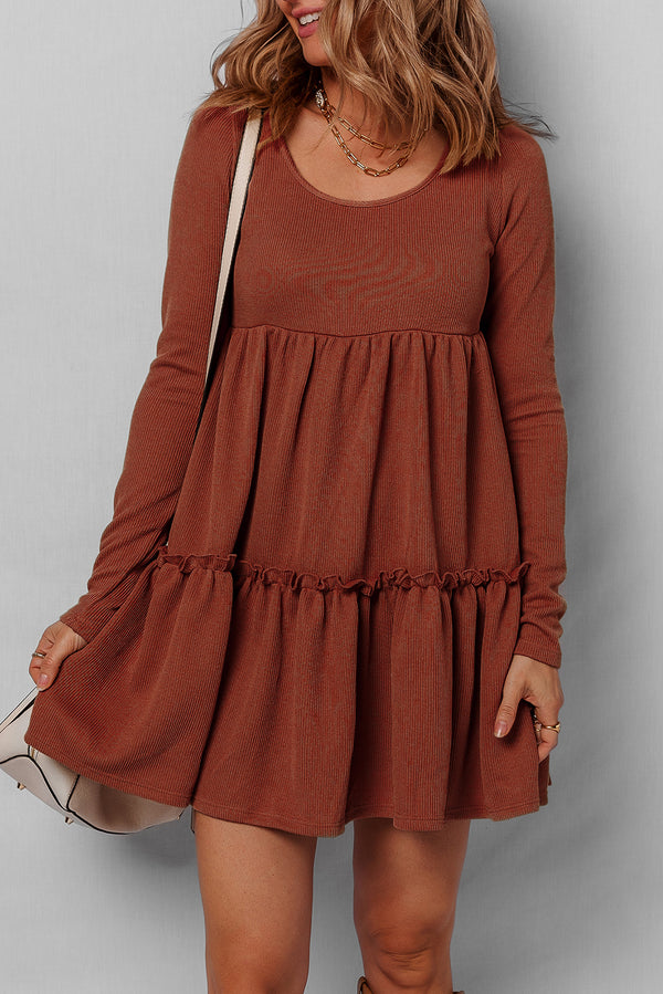 Straw Ribbed Frilled Trim High Waist Long Sleeve Mini Dress
