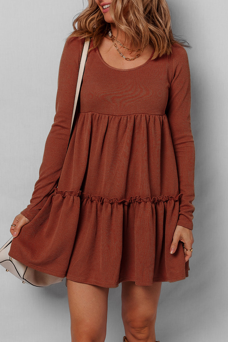 Straw Ribbed Frilled Trim High Waist Long Sleeve Mini Dress