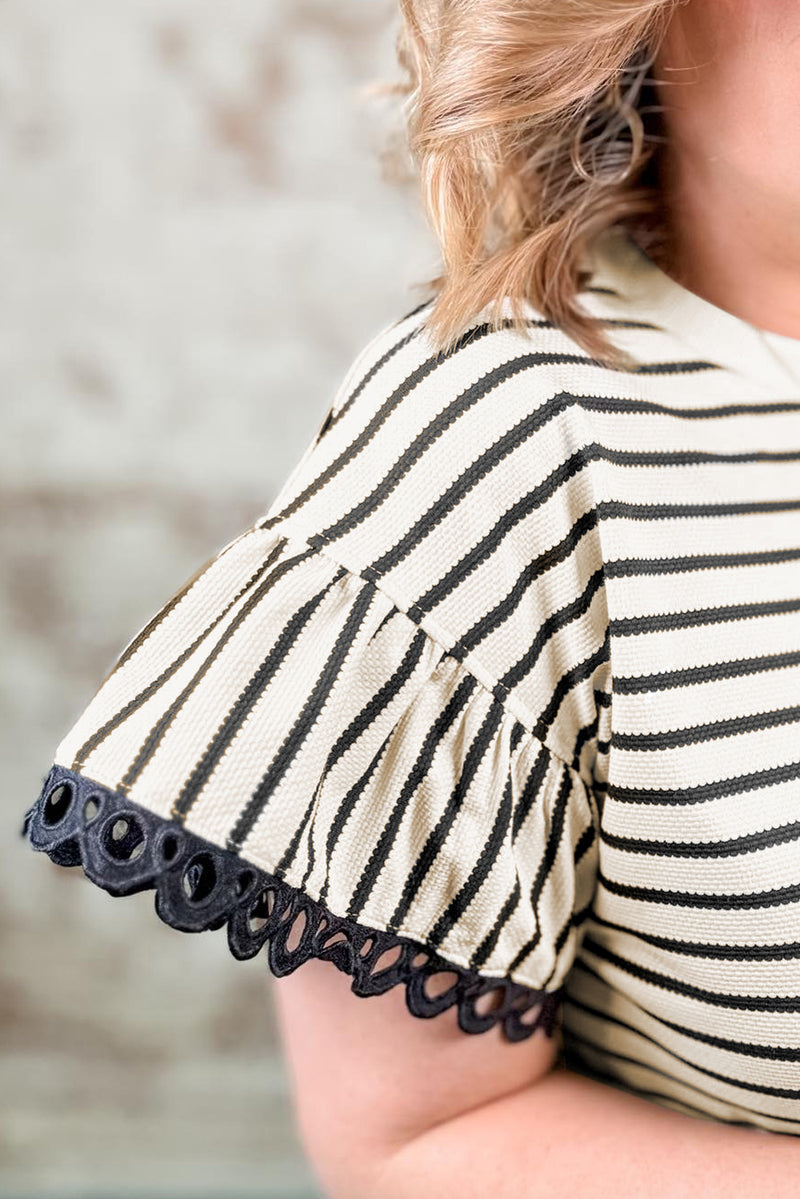 Stripe Eyelet Trimmed Ruffled Short Sleeve Plus Size Top