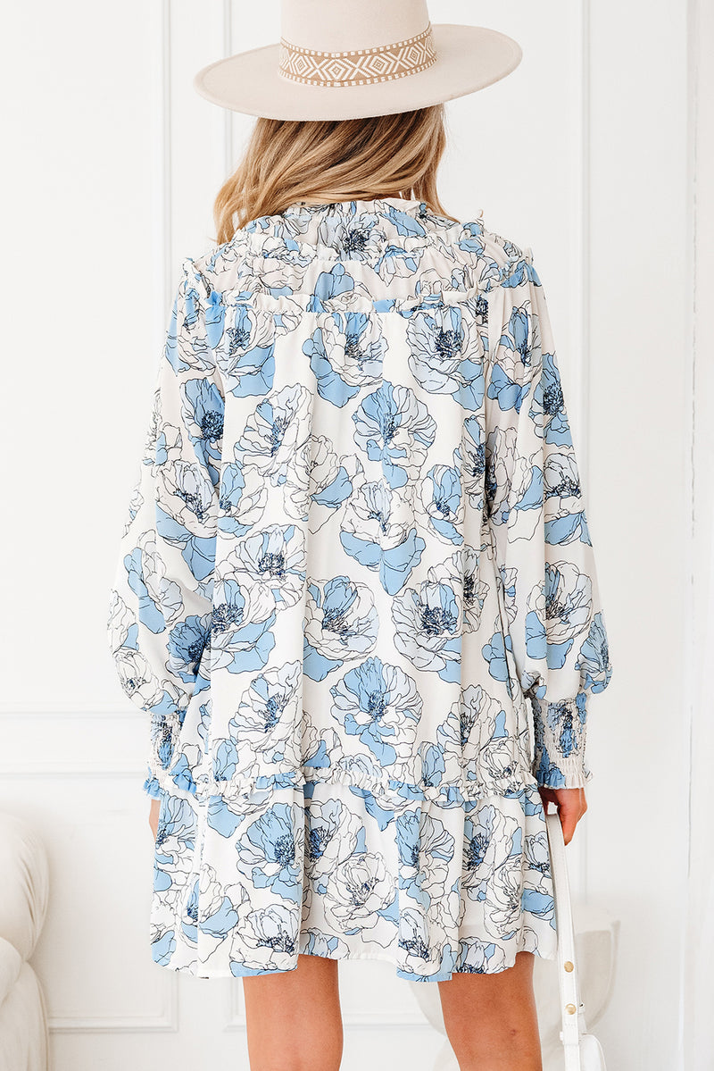 Floral Print Tie Neck Long Sleeve Flowy Mini Dress