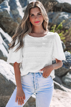 Frilled Lace Trim Bubble Sleeve Blouse