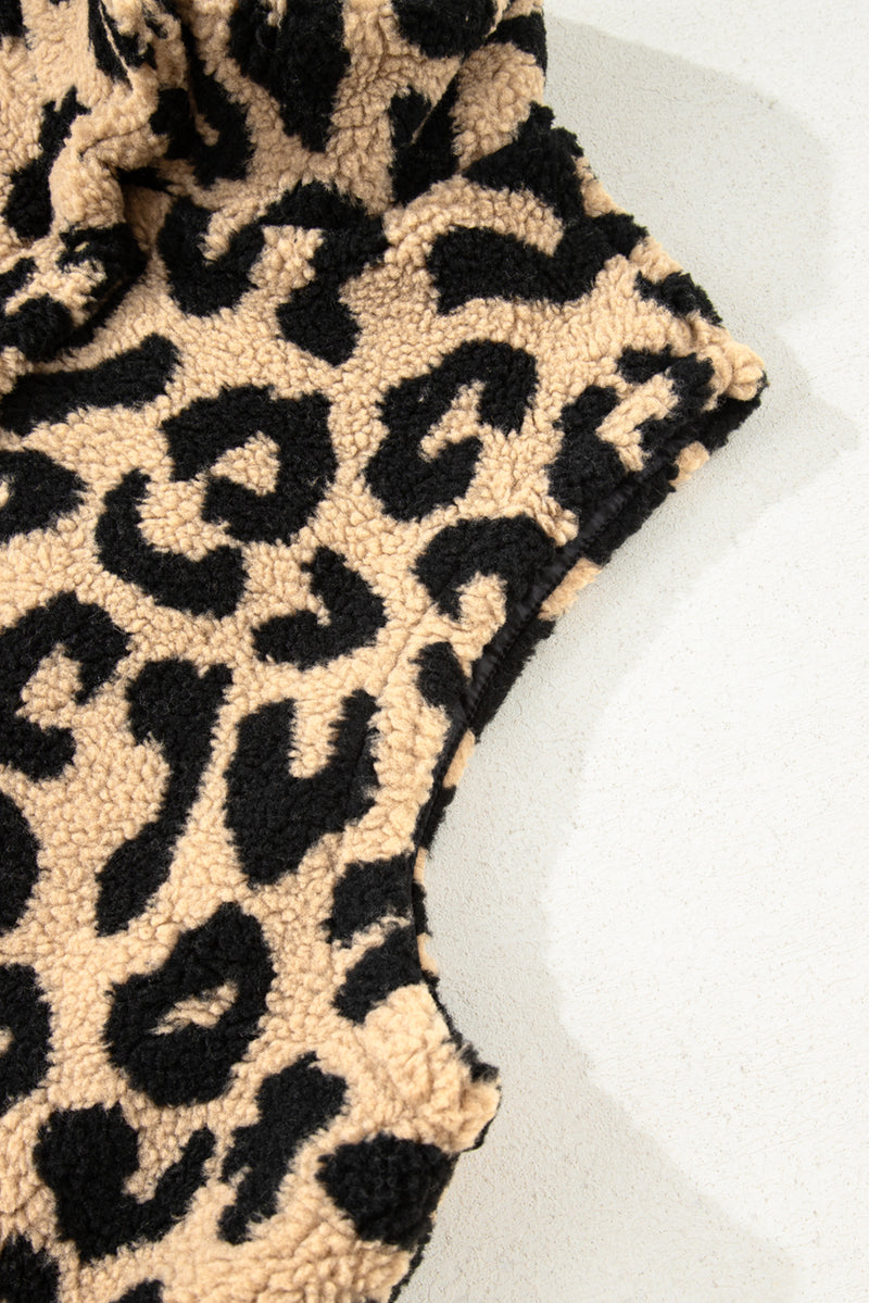Leopard Sherpa Button Front Collared Plus Size Vest Jacket