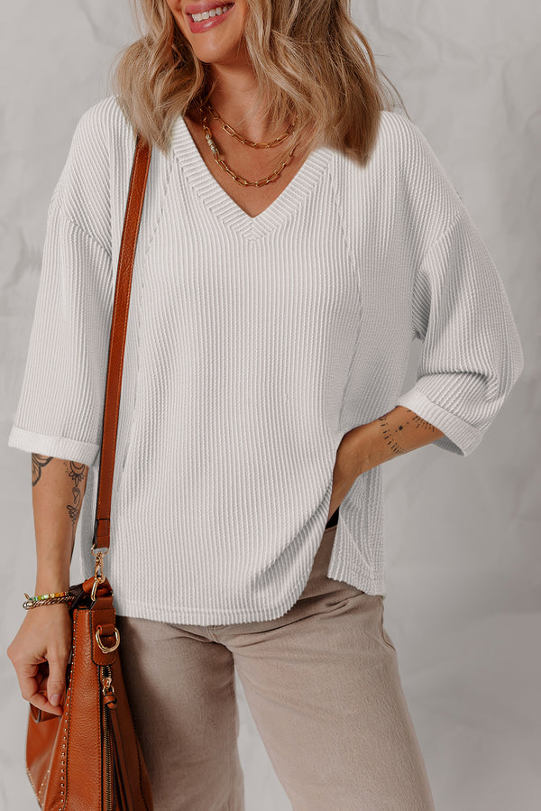 Solid Color Corded Drop Shoulder 3/4 Sleeve V Neck Top
