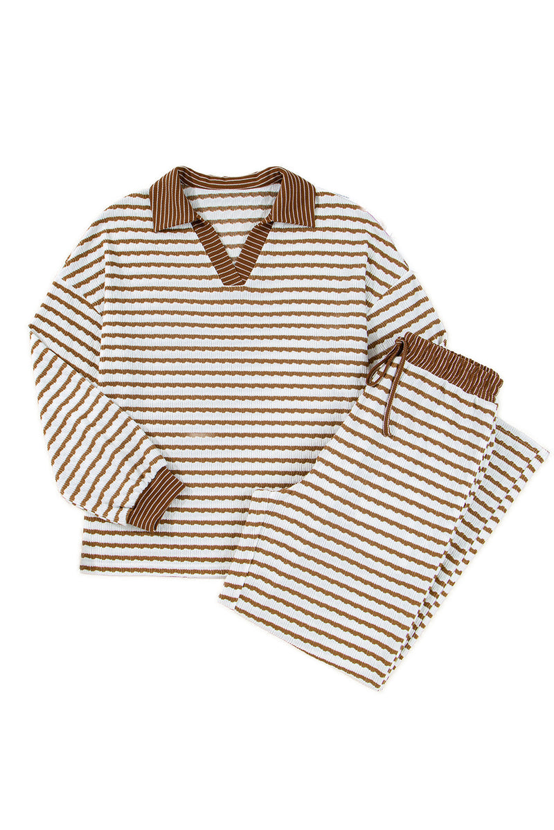 Stripe Collared Pullover Top and Drawstring Pant Set