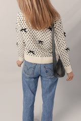 Bow Decor Color Contrast Ribbed Edge Crew Neck Sweater