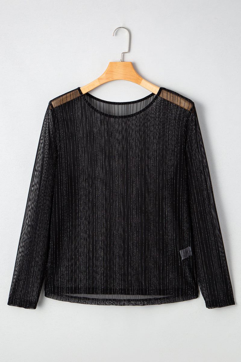 Plus Size Shimmer Textured Mesh Fitted Long Sleeve Top