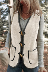 White Sherpa Contrast Trim Patch Pocket Cartridge Toggle Button Vest