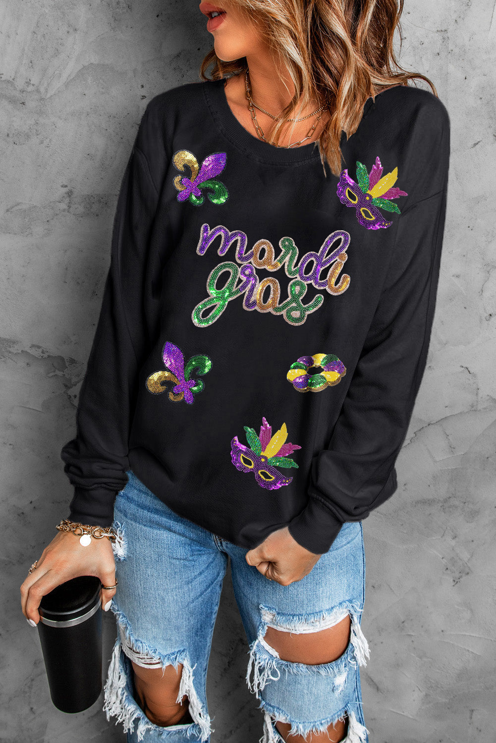 Sequin mardi gras Fleur de Lis Graphic Pullover Sweatshirt