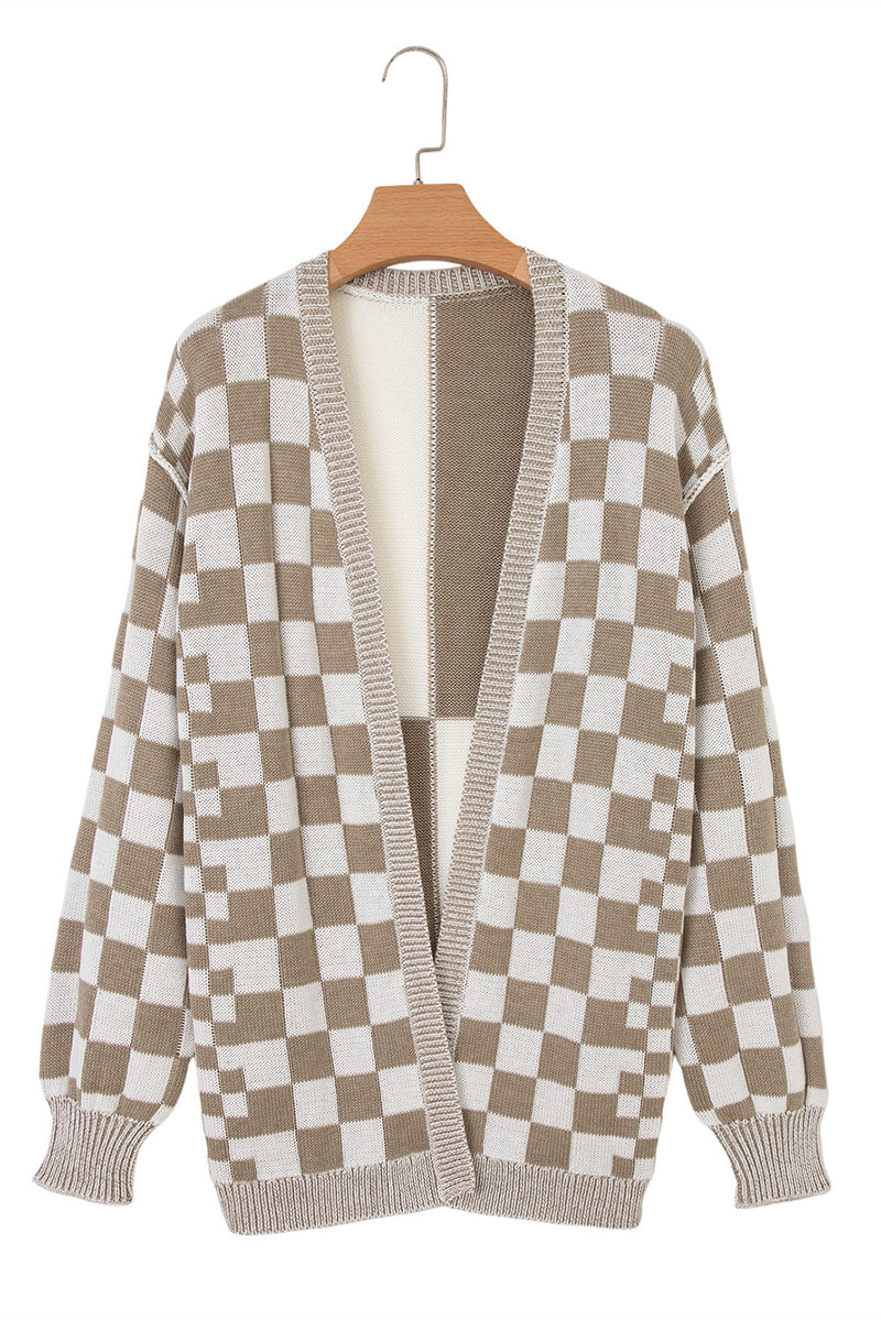 Checkered Open Front Drop Shoulder Cardigan