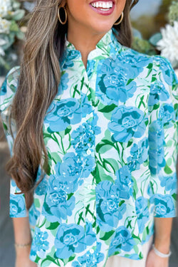 Floral Frilled Collar Three Quarters Sleeve Elegant Shirt