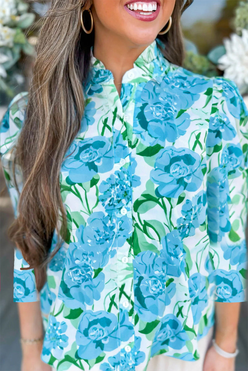 Floral Frilled Collar Three Quarters Sleeve Elegant Shirt