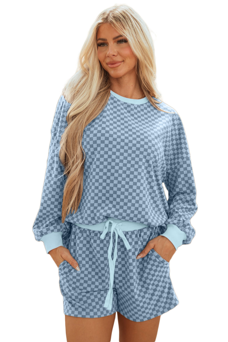 Checkerboard Long Sleeve Pullover and Shorts Set