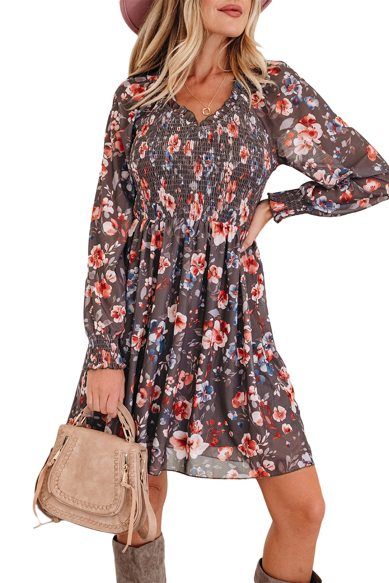 Frilly Smocked Bodice Floral Mesh Long Sleeve Mini Dress