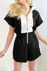Contrast Collar Patchwork Zip Front Romper
