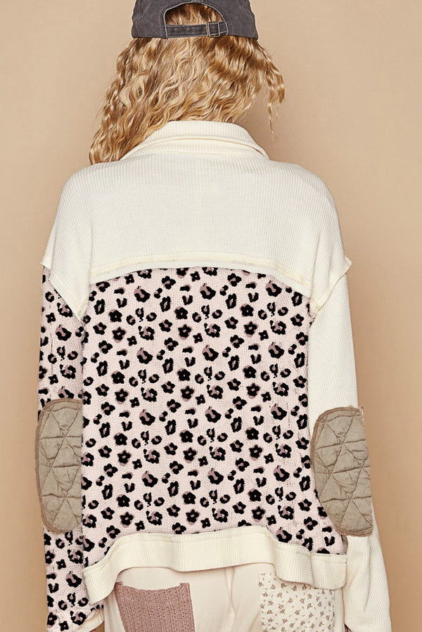 Leopard Waffle Quilted Patchwork Button Front Jacket
