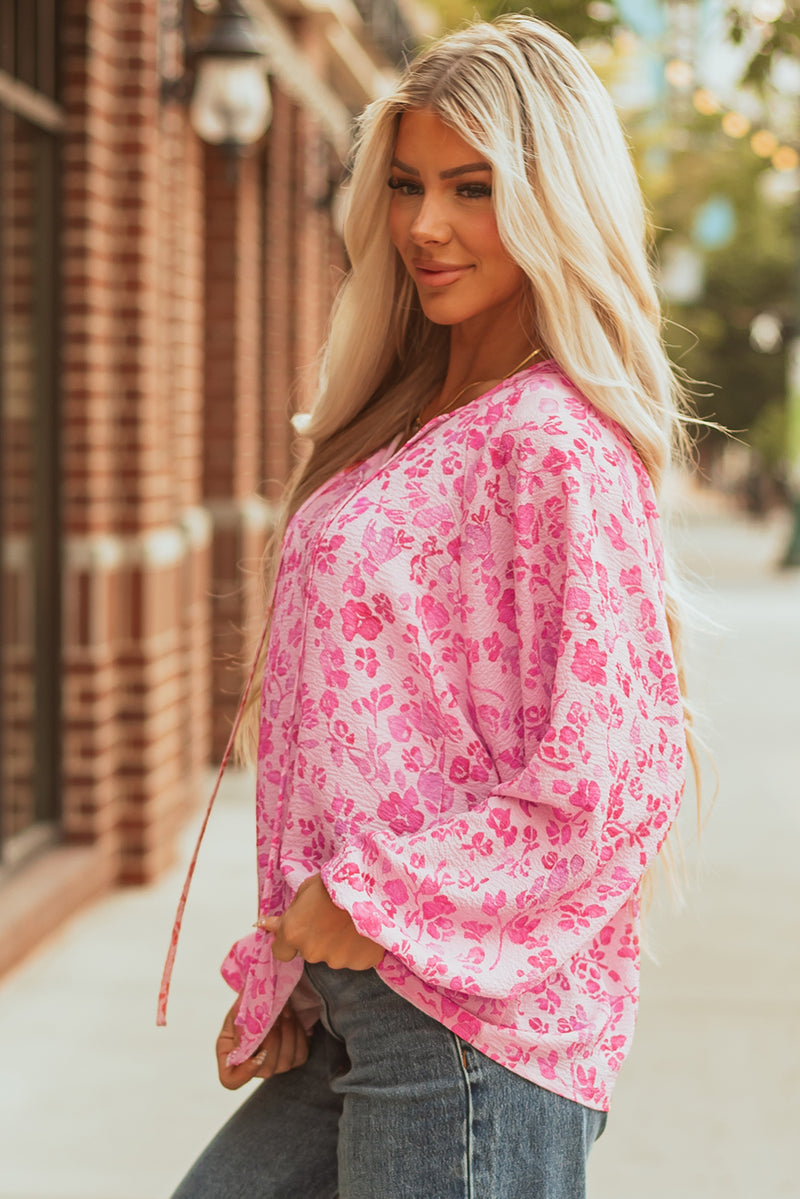 Floral Puff Sleeve Split Neck Lightweight Blouse