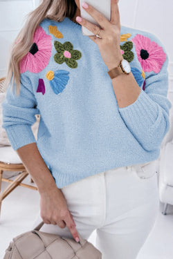 Soft Colored Knitted Flower Pattern Ribbed Edge Sweater