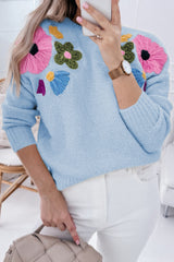 Soft Colored Knitted Flower Pattern Ribbed Edge Sweater