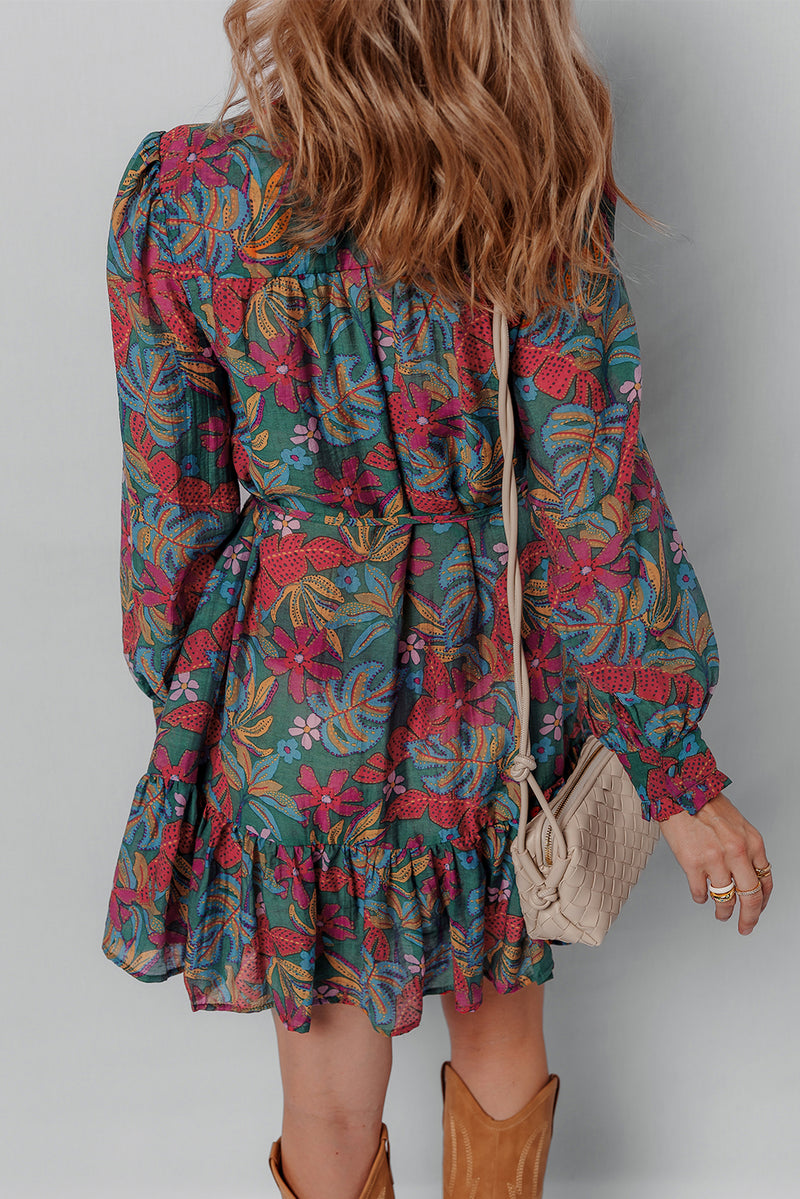 Floral Friled V Neck Puff Sleeve Ruffled Shirt Dress