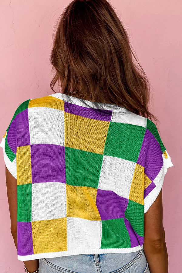Sequin Mardi Gras Fleur de Lis Color Block Sweater T Shirt
