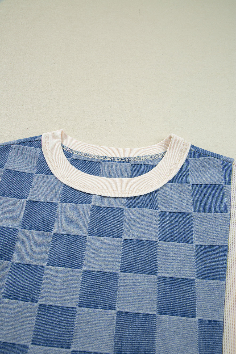 Oversized Checkered Denim Exposed Seam Patchwork Casual Sweatshirt