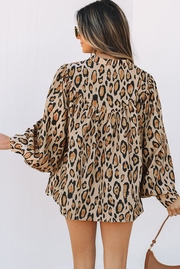 French Oversized Leopard Print Balloon Sleeve Casual Shirt