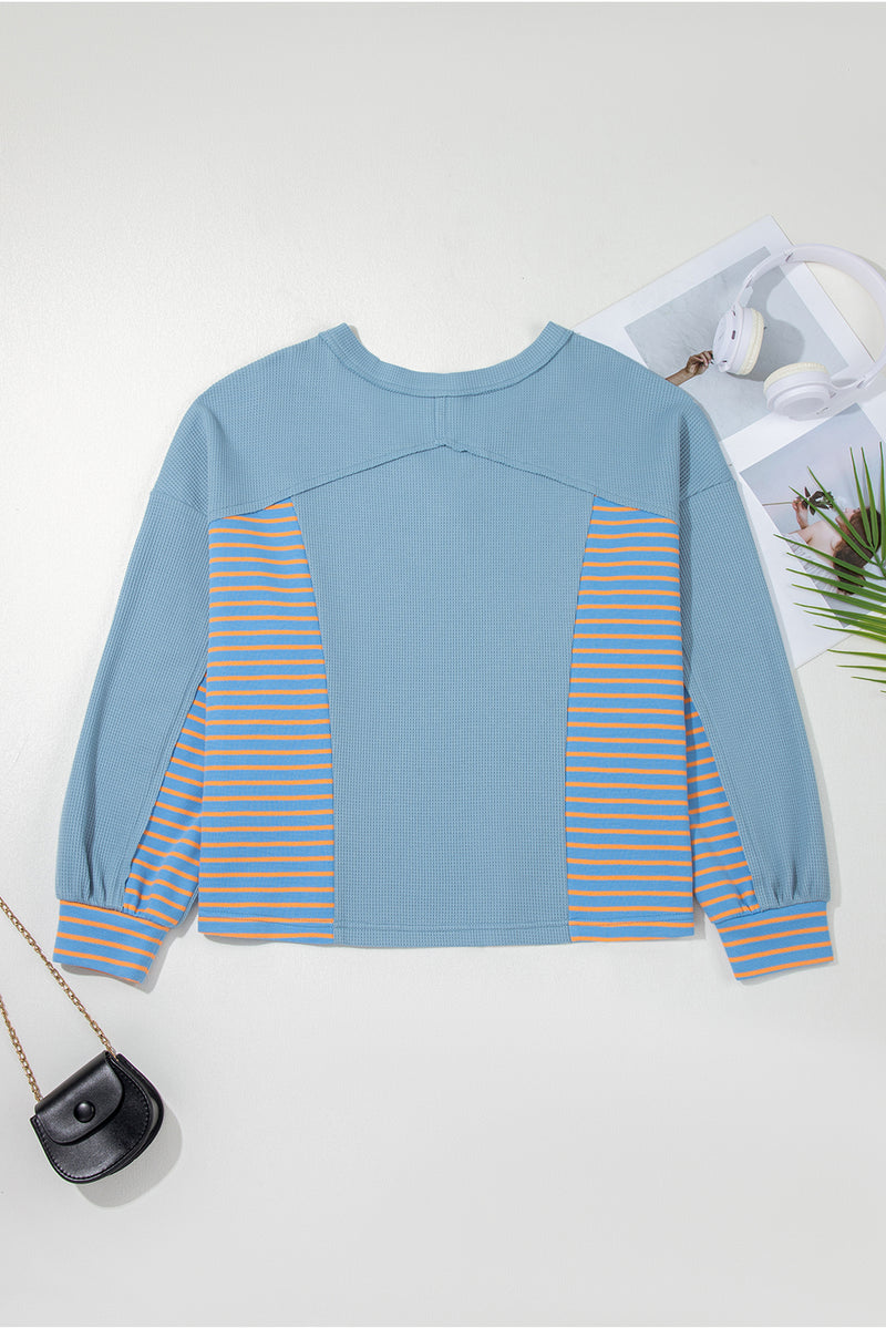 Exposed Seam Waffle Striped Patchwork Baggy Pullover