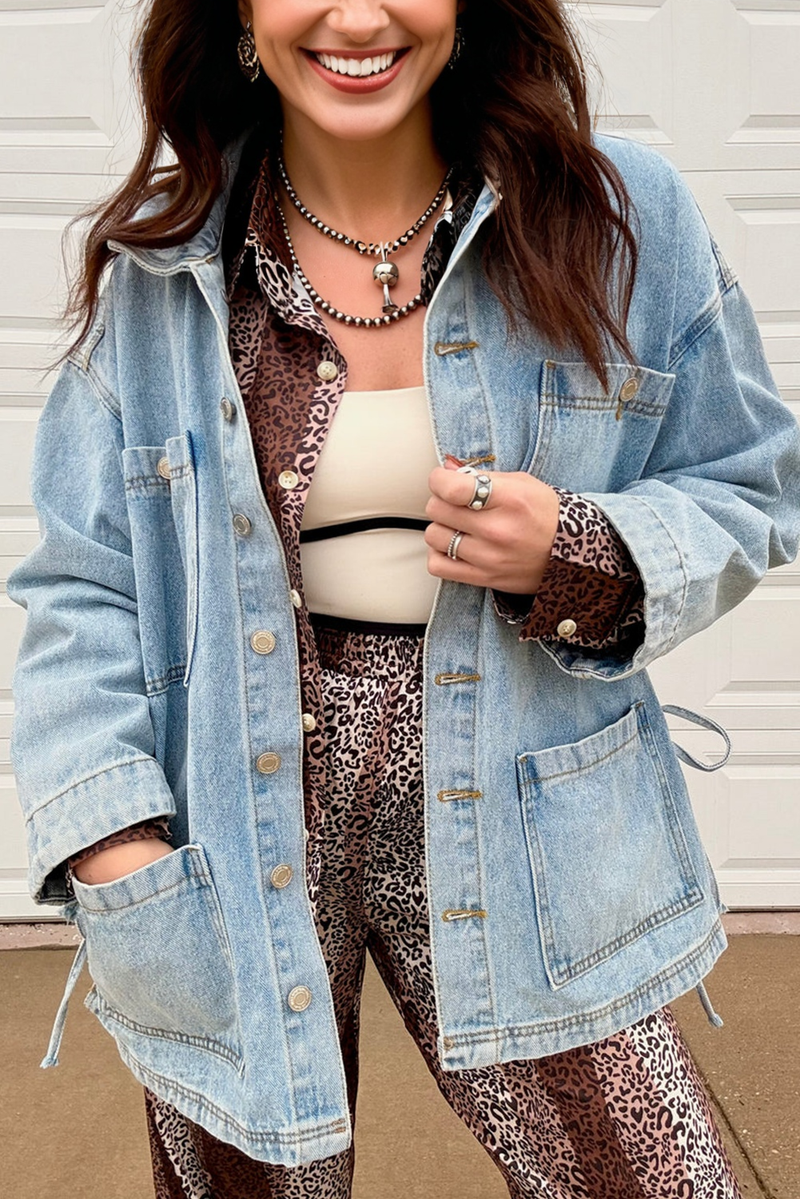 Multi Patched Pockets Side Tie up Boyfriend Style Denim Jacket