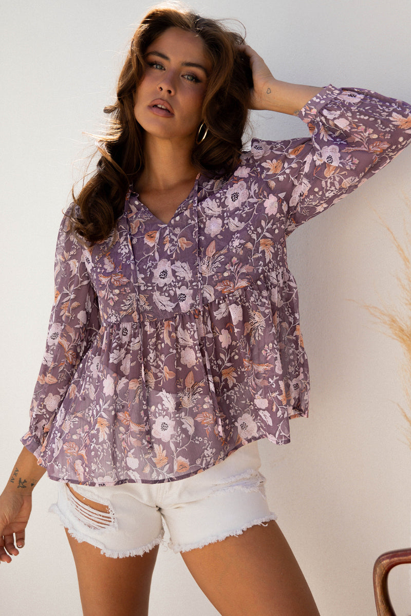Boho Flower Print 3/4 Sleeve Babydoll Blouse