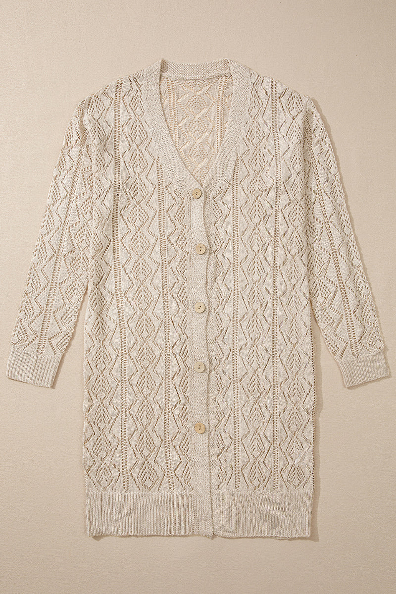 Solid Hollow Out Buttons Front Long Cardigan