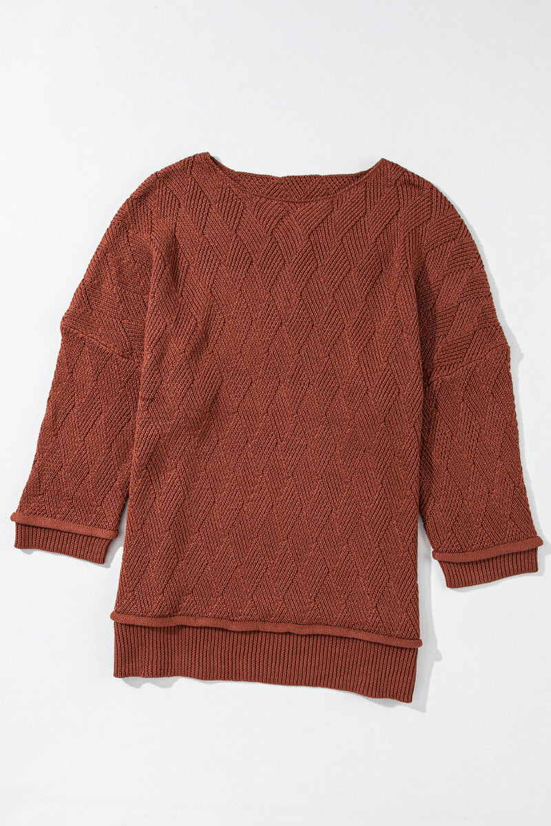 Brown Solid Color Textured Crew Neck Loose Sweater