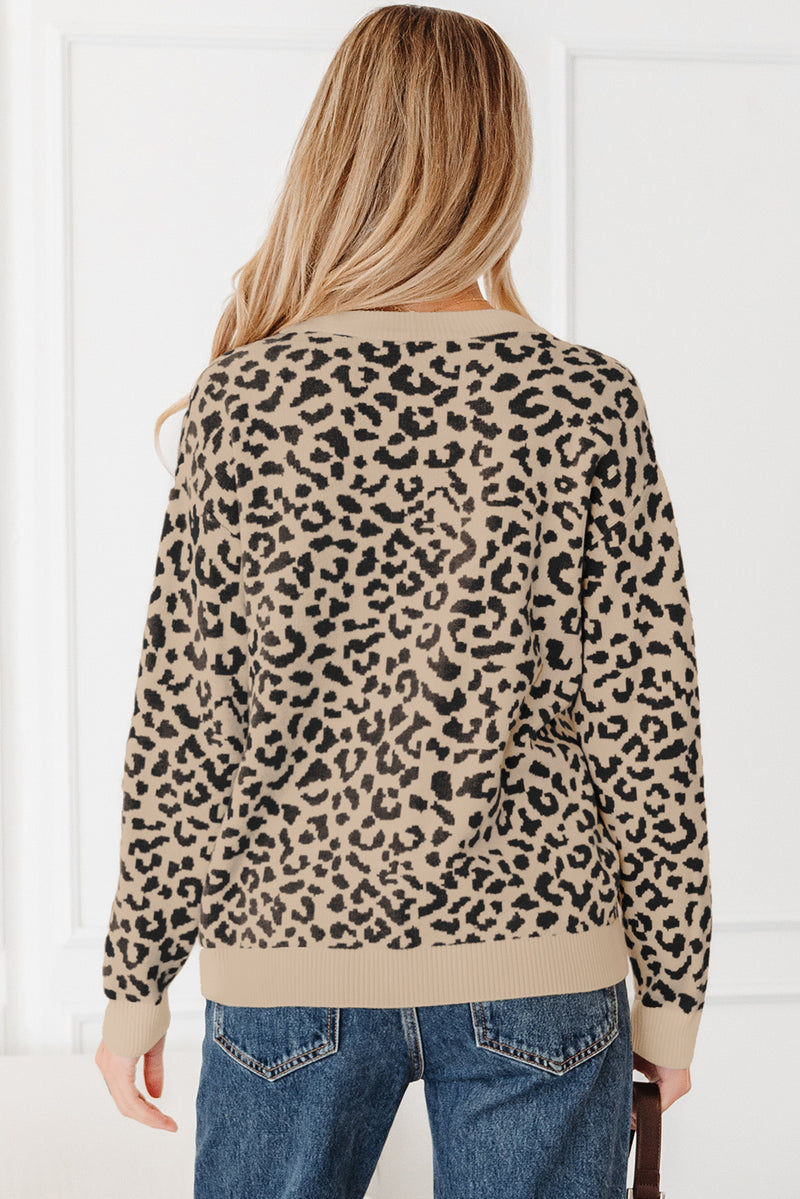 Leopard Drop Shoulder Chunky Knitted Cardigan Sweater
