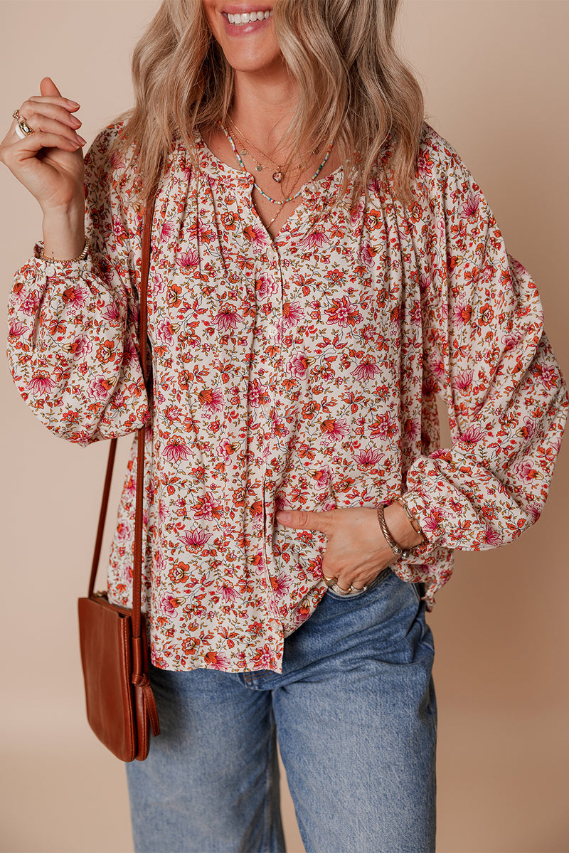 Floral Print Pleated Detail Notched Neck Puff Sleeve Blouse