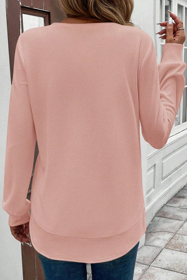 Pink Rounded Hem Waffle Long Sleeve Top