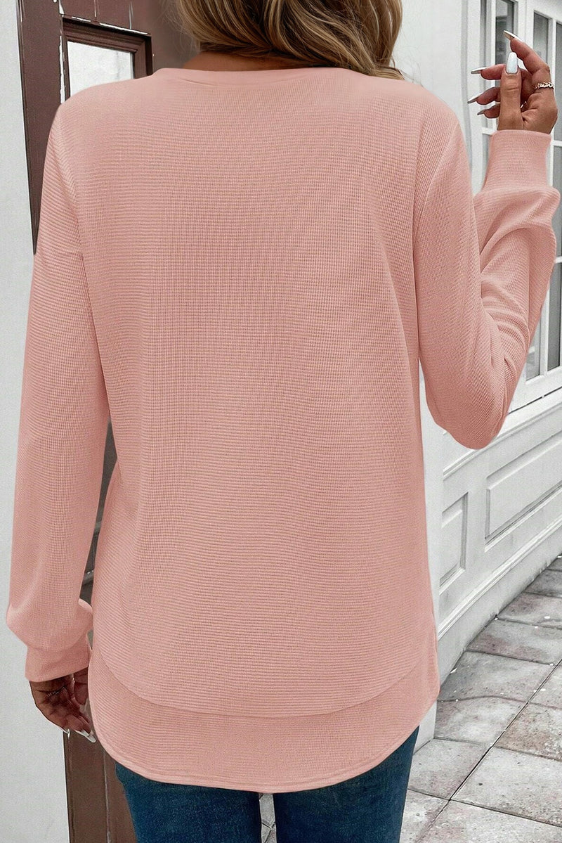 Pink Rounded Hem Waffle Long Sleeve Top