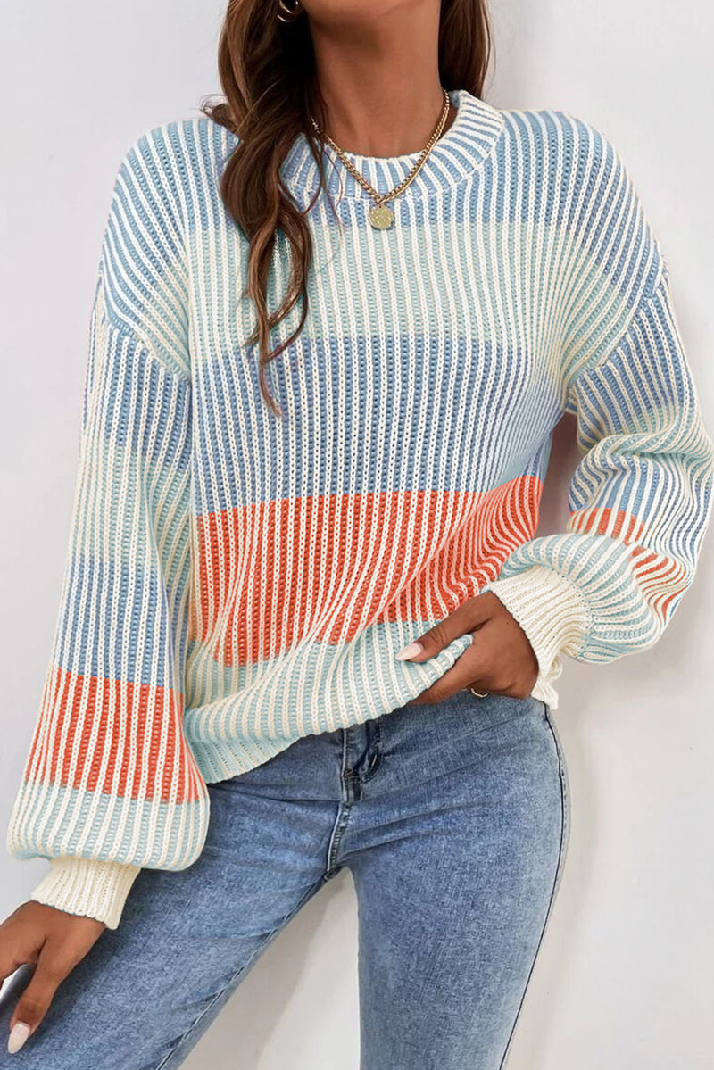 Soft Color block Textured Knit Bubble Sleeve Sweater