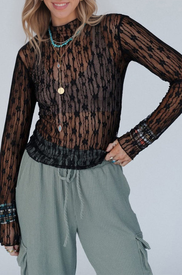 Sheer Floral Lace Long Sleeve Slim Fit Top