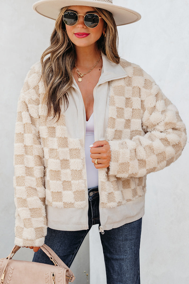 Checker Sherpa Corduroy Patchwork Zip up Collared Jacket