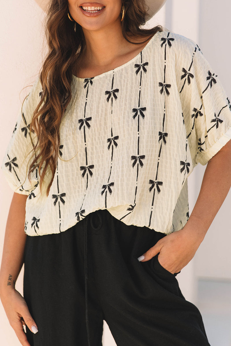 Flowy and Comfortable Bow Print Puff Short Sleeve Top
